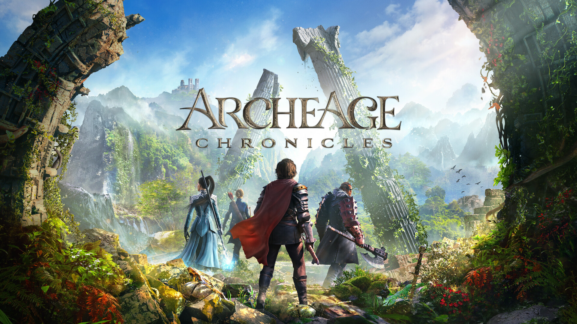 Official key art showing adventurers facing a vine-covered archway