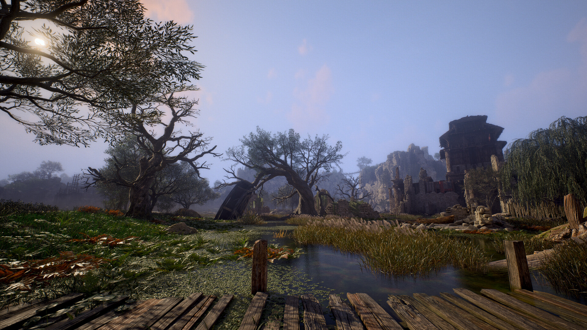A character walking a wooden causeway through a misty wetland toward ruined gates