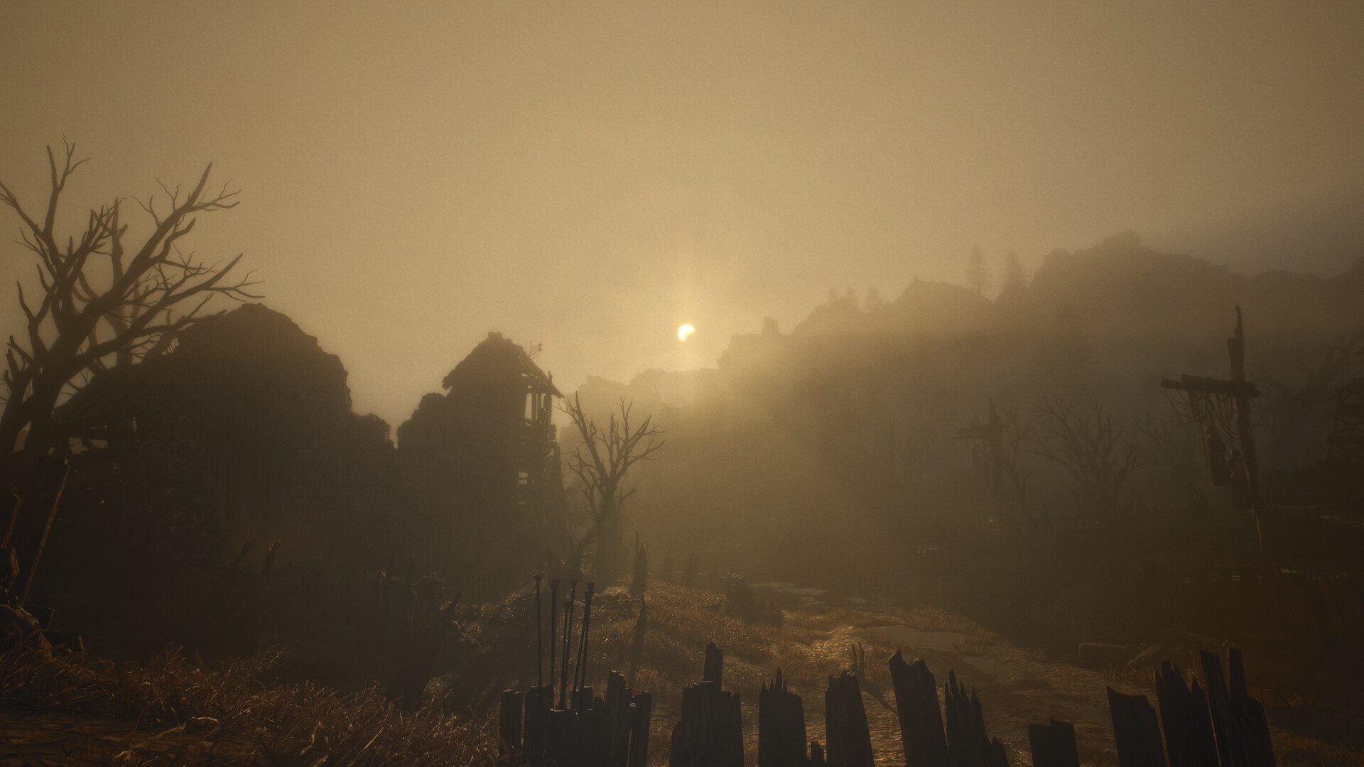 A fogbound ruined village at dusk with no characters in frame