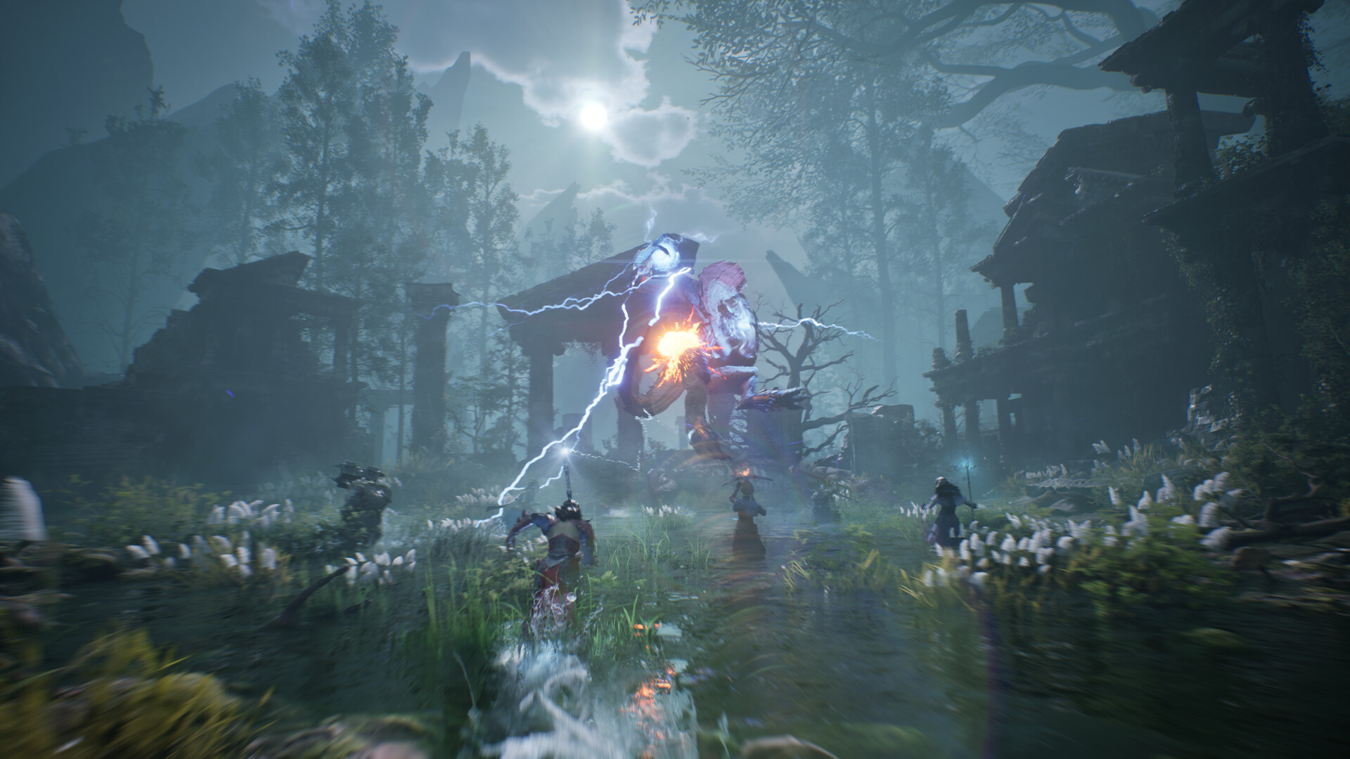 A violet elemental bursting with lightning in a dark forest ruin